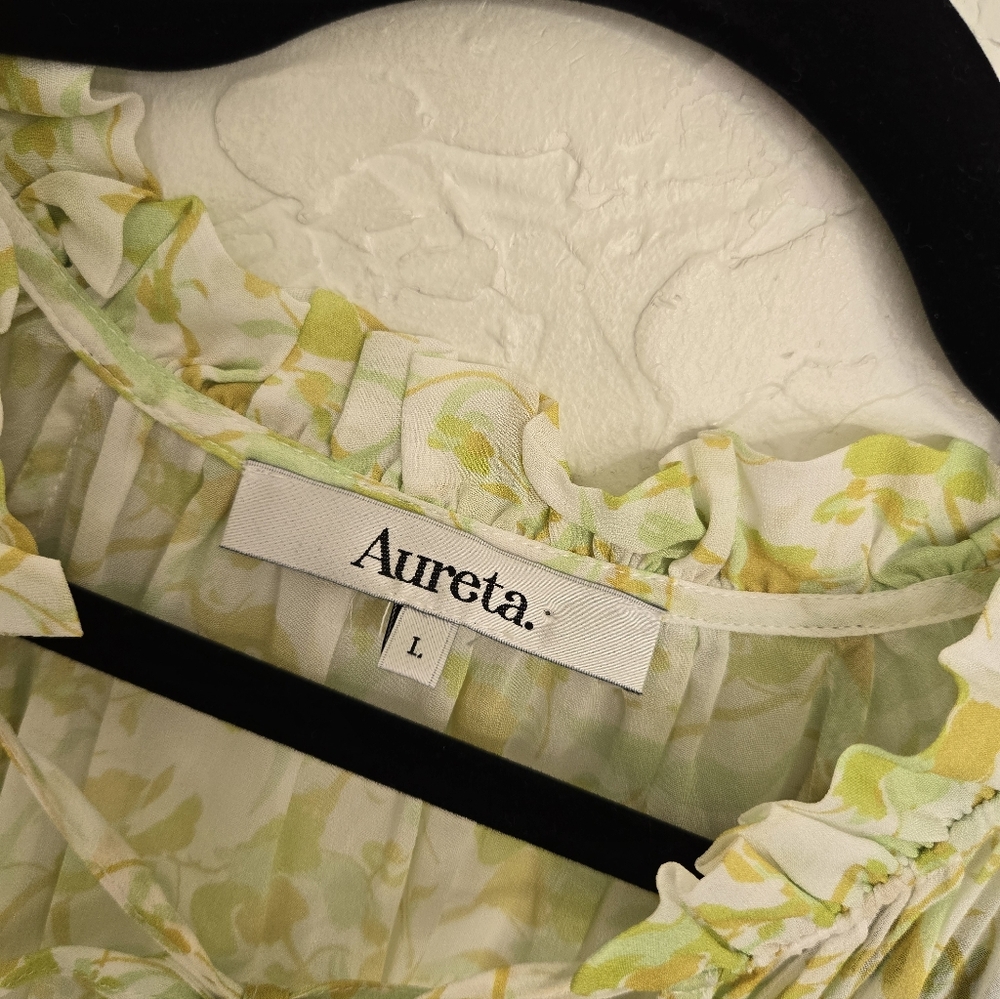 Anthro Aureta Floral Green Yellow White Flowy Top, L - Picture 10 of 12